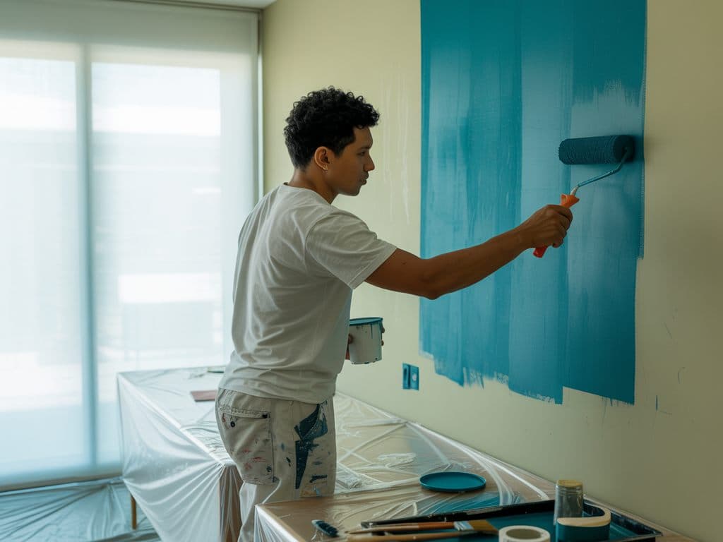 Pintor aplicando un color turquesa con rodillo en el muro de un dormitorio