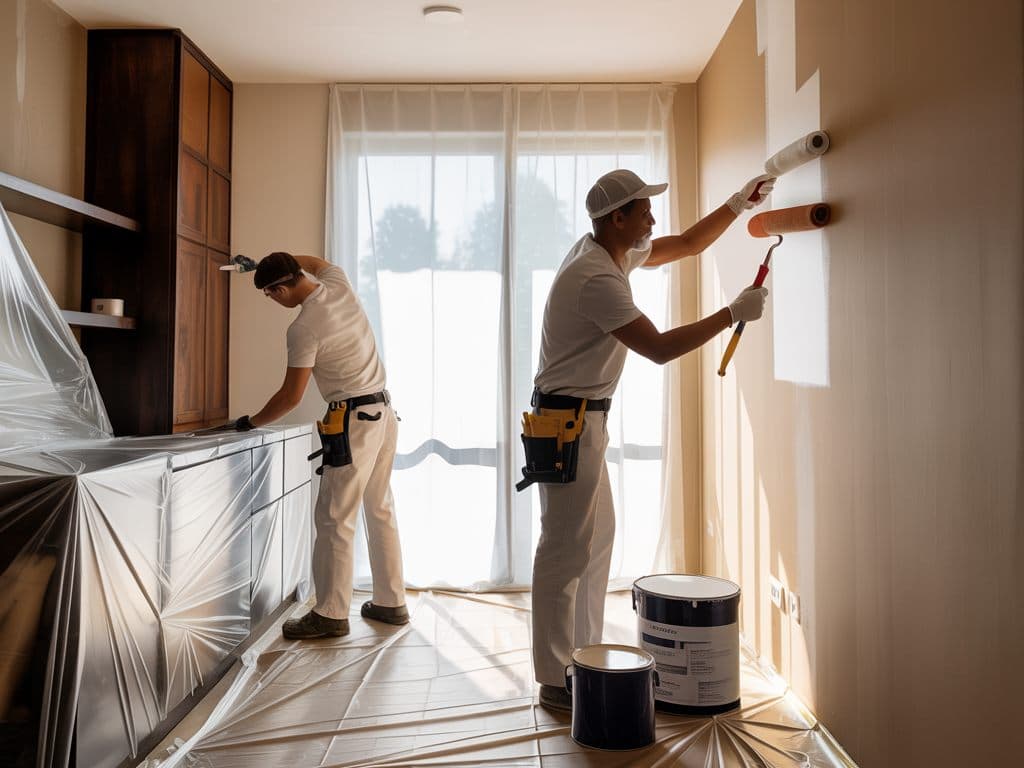 Dos pintores pintando el muro de un dormitorio con las cortinas y el piso protegidos