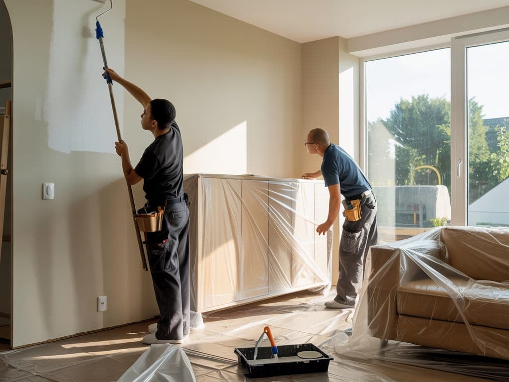Pintor pintando el cielo con rodillo de extensión y el mobiliario cubierto