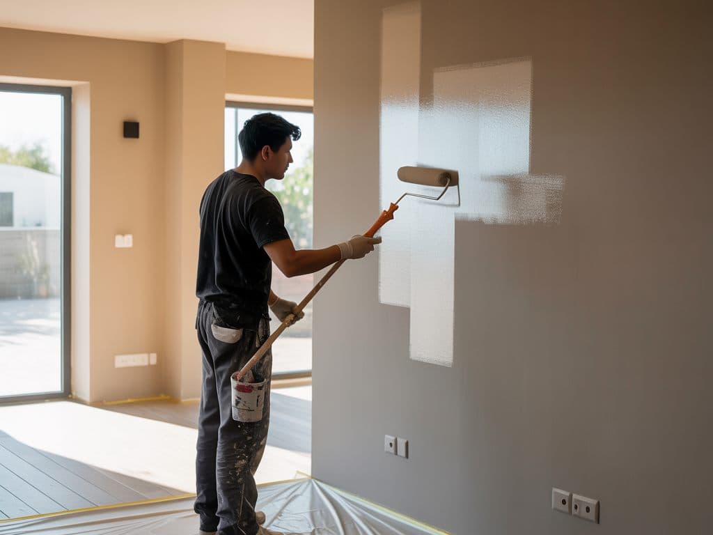 Pintor con rodillo pintando el muro de un departamento con el piso cubierto