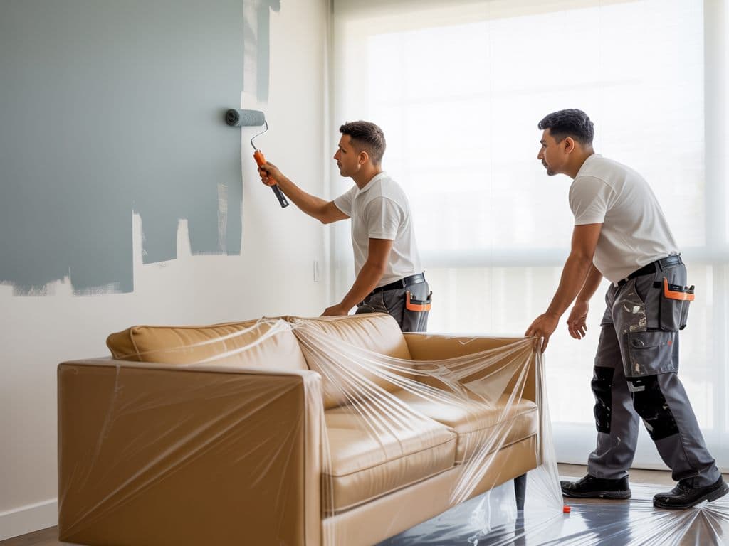 Dos pintores protegiendo un sofá con plástico antes de pintar el living