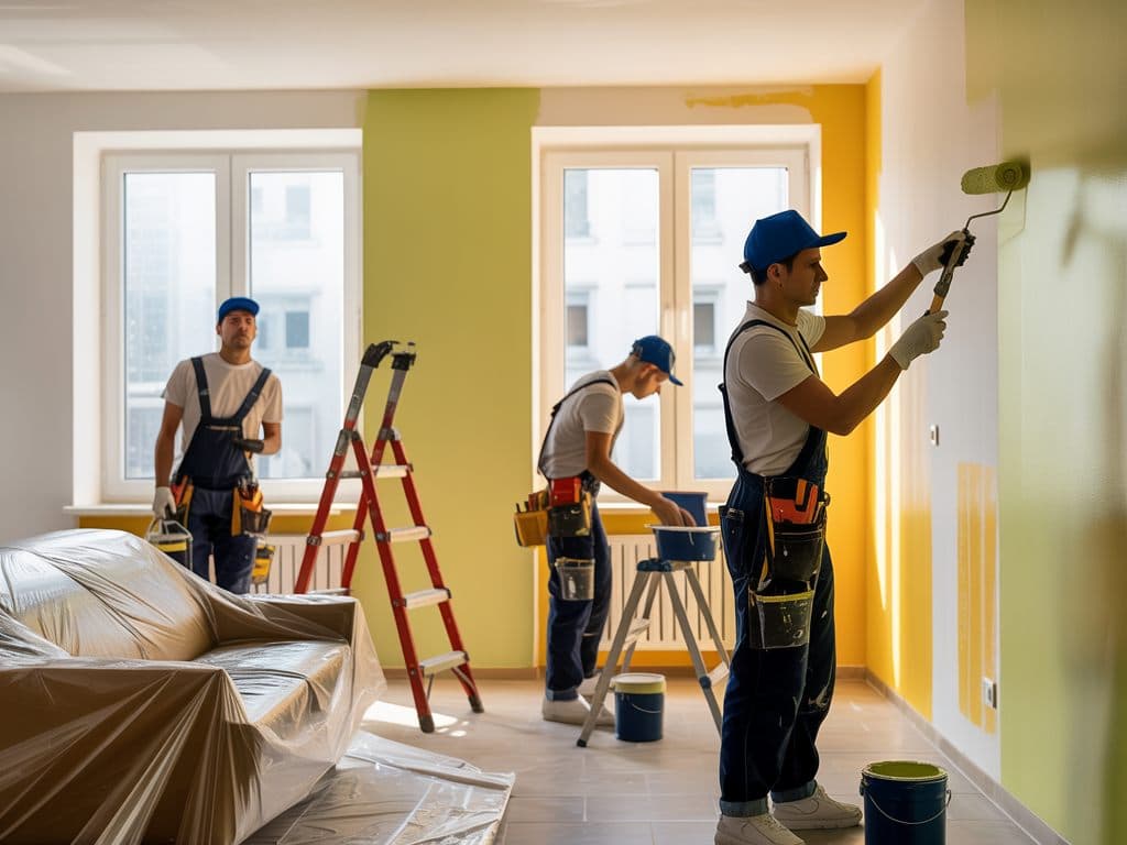Equipo de pintores trabajando con escalera en el living de un departamento
