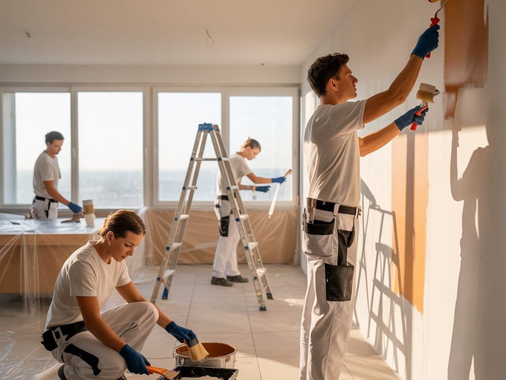 Equipo de pintores preparando muros y cubriendo el piso en un departamento vacío