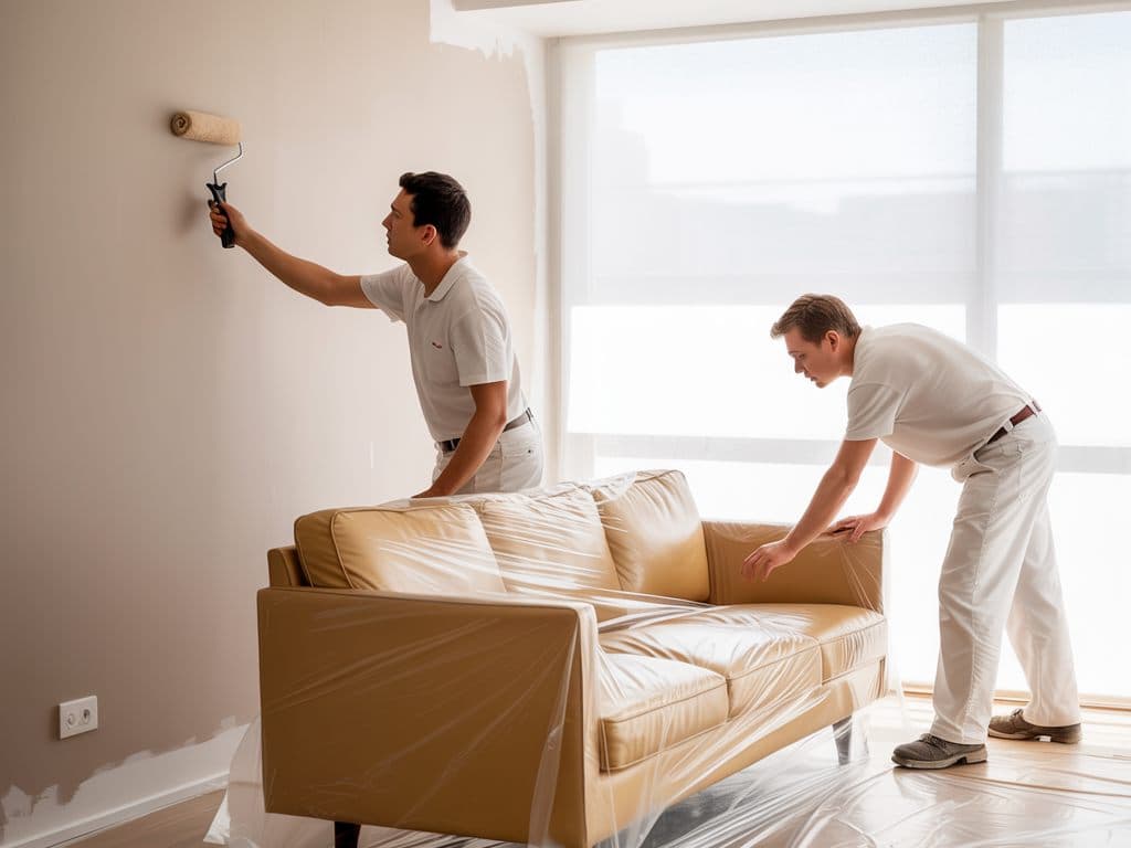 Dos pintores cubriendo un sofá antes de pintar los muros de un living