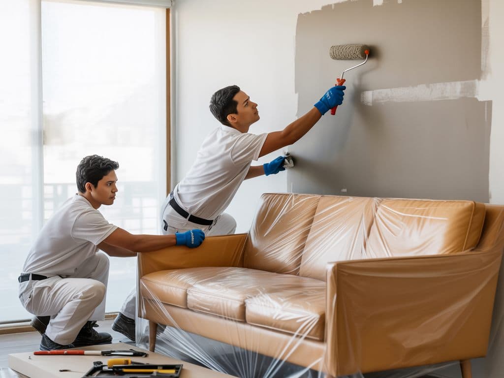 Dos pintores dando la primera mano de látex en el living con los muebles cubiertos