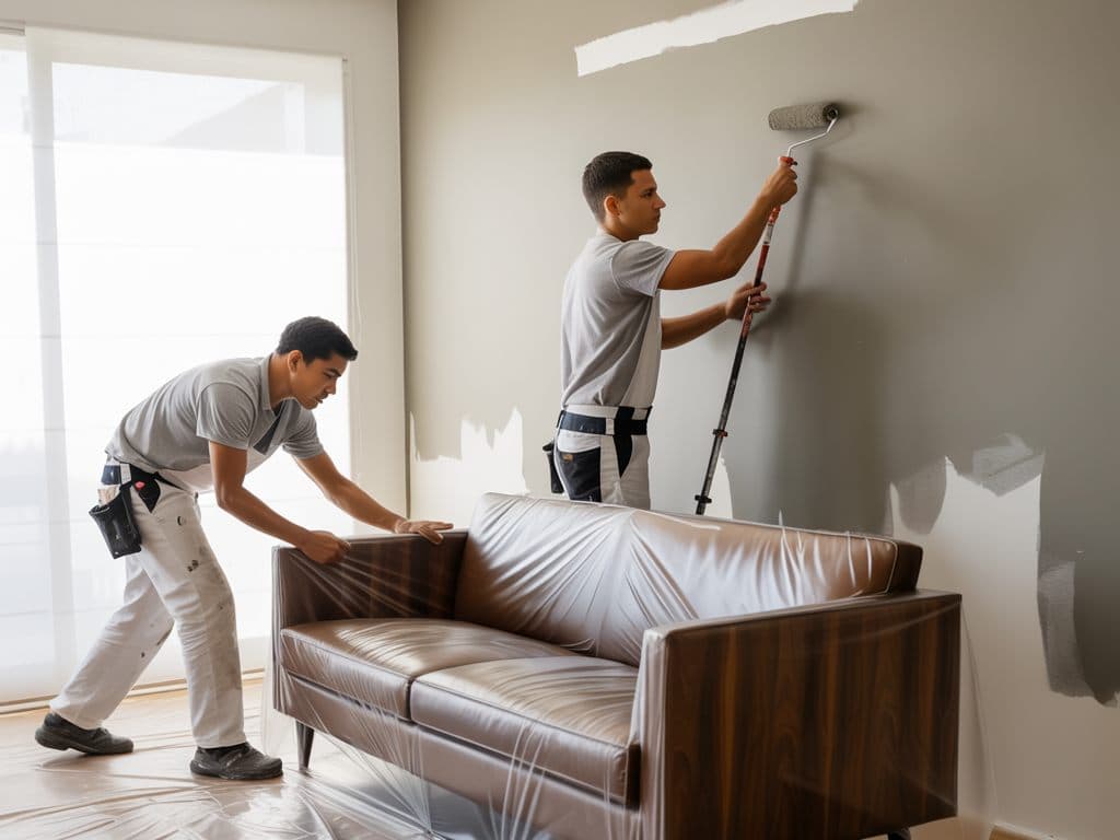 Pintor con rodillo de extensión pintando el muro de un living con el sofá protegido