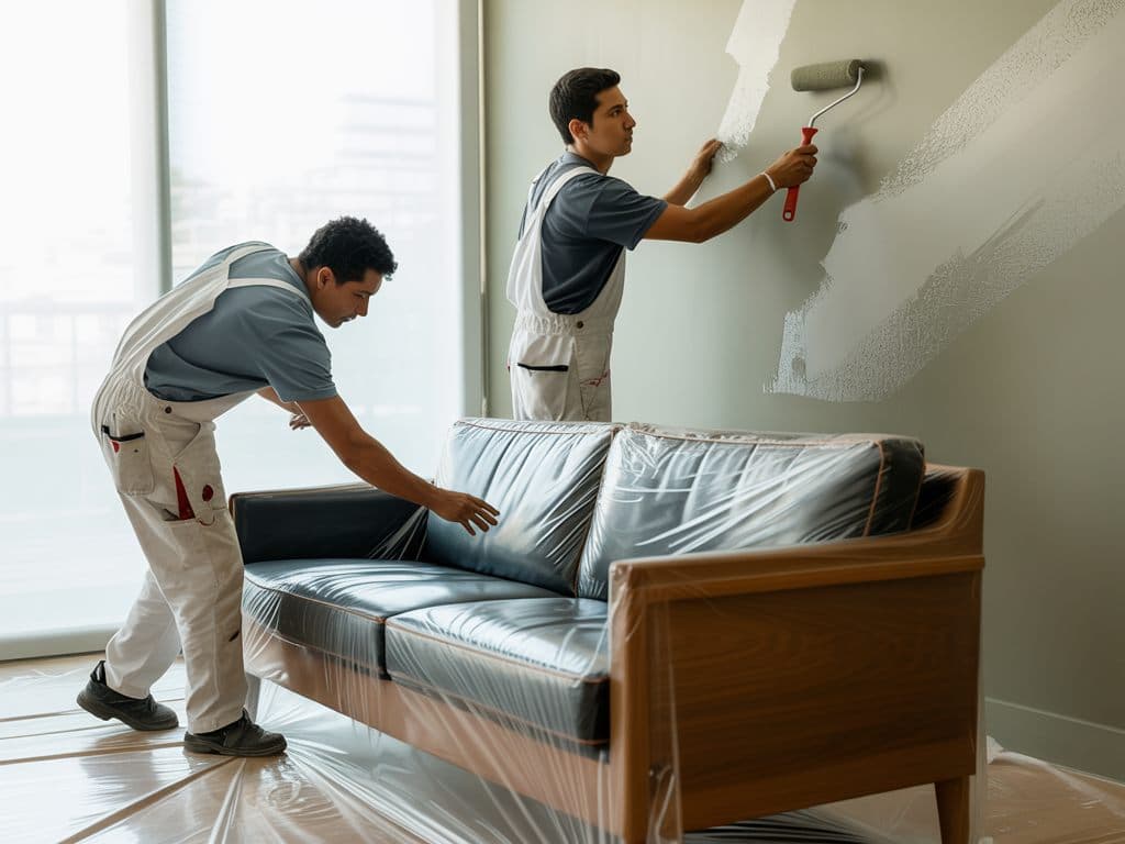 Dos pintores cubriendo un sofá con plástico antes de empezar a pintar