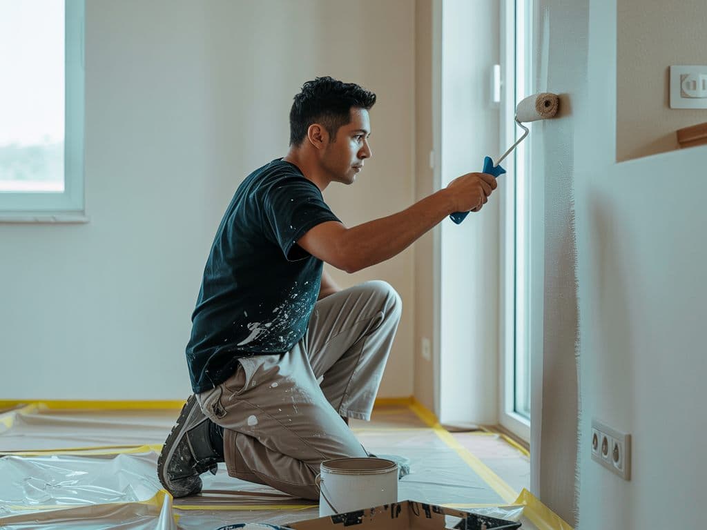 Pintor trabajando a ras de piso sobre un muro preparado junto al guardapolvo