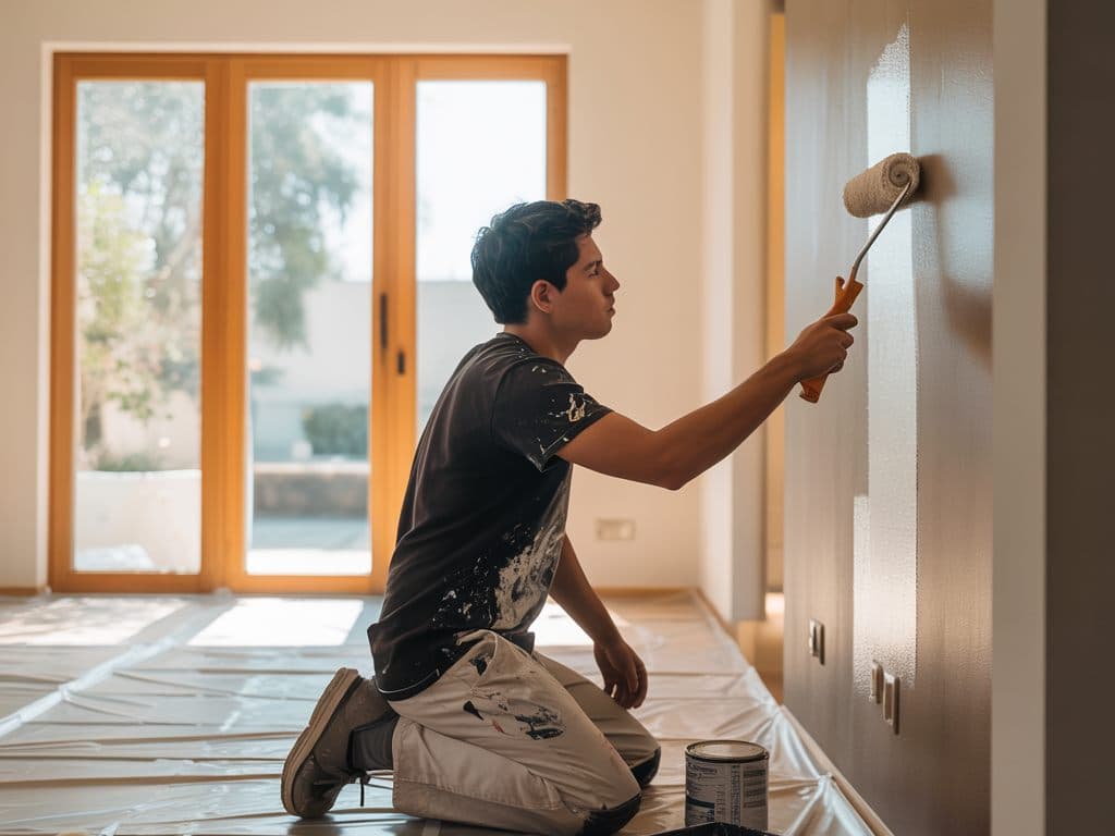 Pintor arrodillado pintando el muro junto a la puerta de un departamento vacío