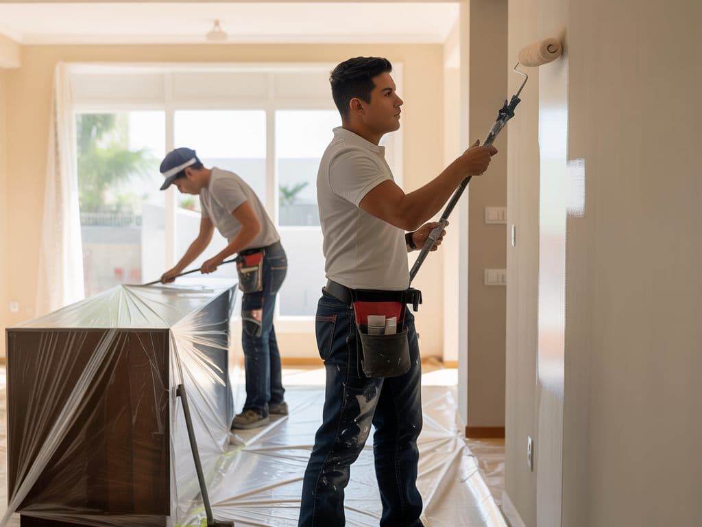 Pintor con rodillo de extensión pintando un departamento vacío para la entrega