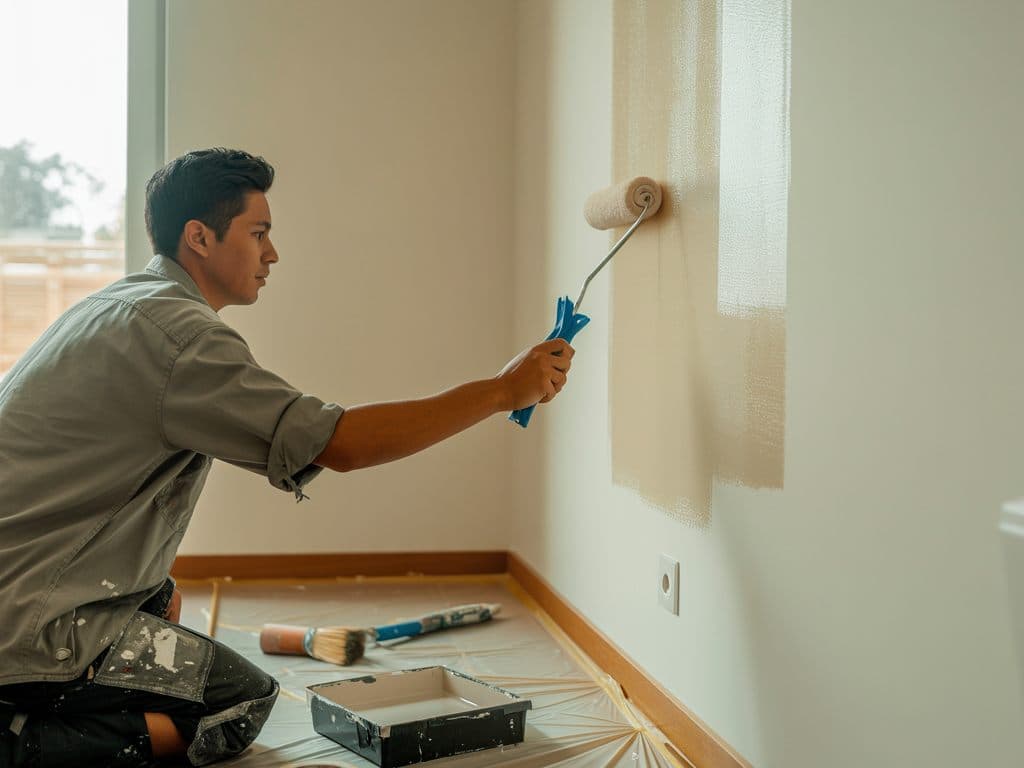 Pintor aplicando látex blanco sobre el muro de un departamento desocupado