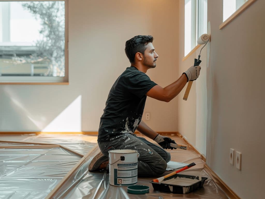 Pintor dando la segunda mano de blanco en un departamento vacío con el piso cubierto