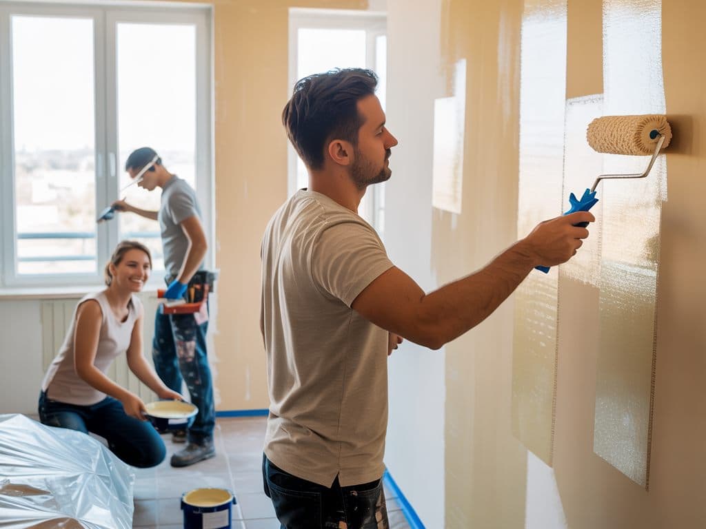 Pintores trabajando en un departamento vacío antes de la entrega del arriendo
