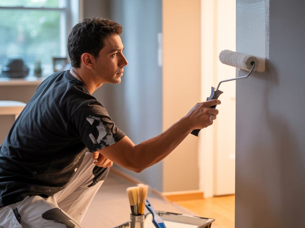Pintor aplicando la segunda mano de látex con rodillo en el muro de un departamento