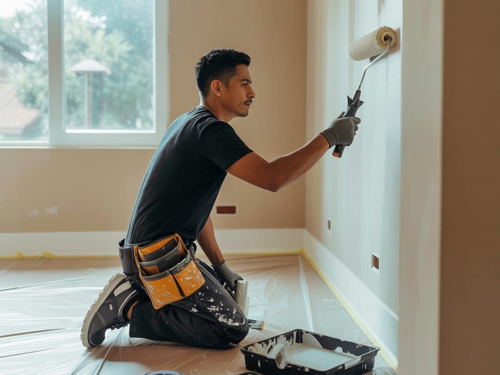 Pintor aplicando látex sobre un muro tratado y sellado con el piso protegido