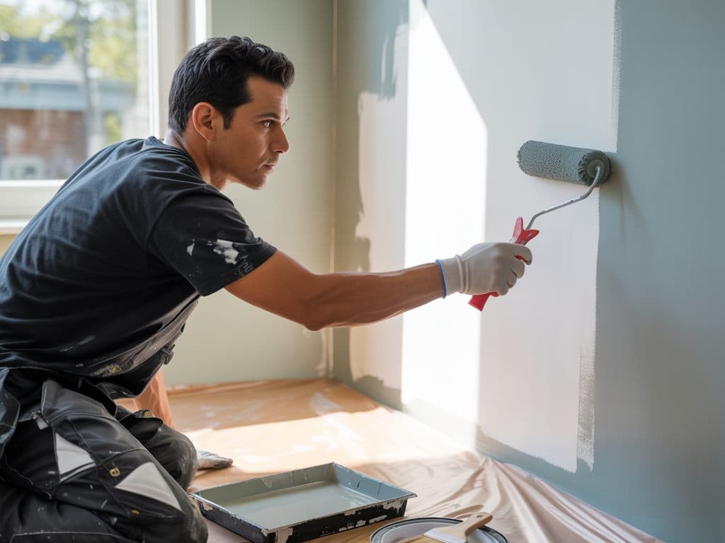 Pintor aplicando la mano de terminación sobre un muro ya sellado