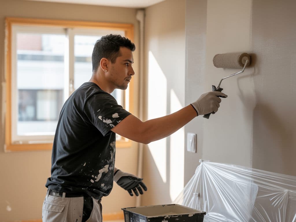 Pintor pintando el muro junto al marco de una ventana con el piso cubierto