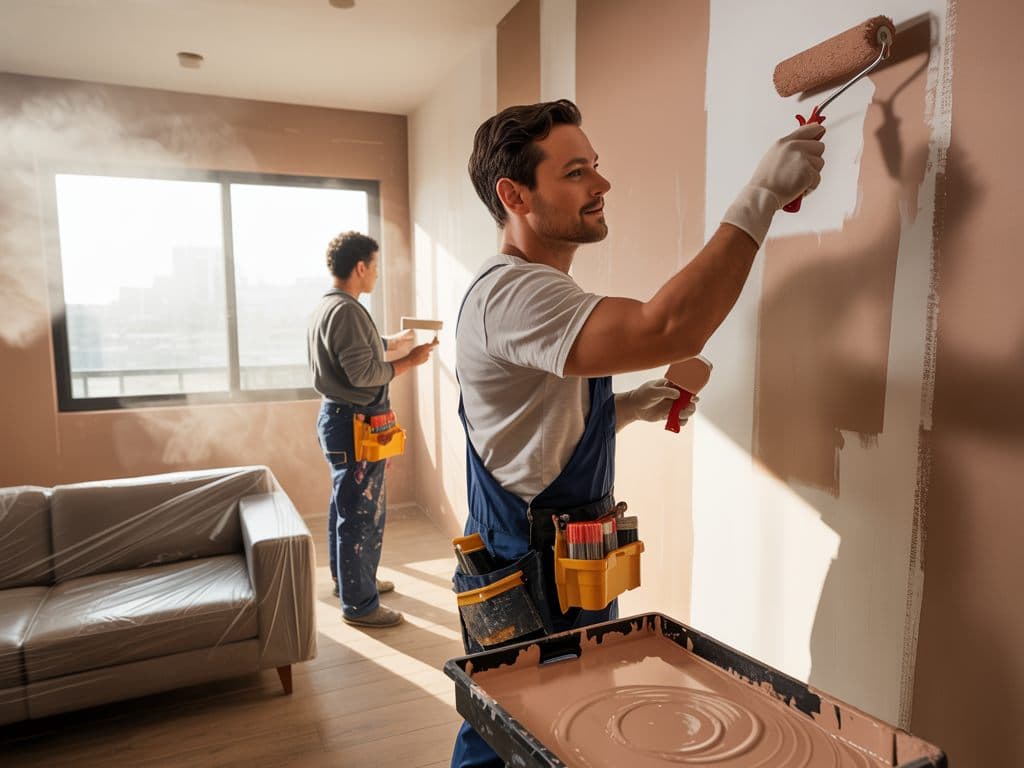 Pintor aplicando terminación con rodillo sobre un muro liso de un departamento