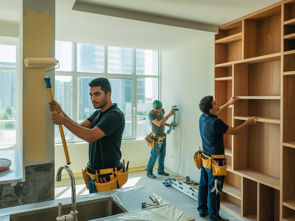 Equipo de pintores trabajando en una cocina con los muebles y el mesón cubiertos