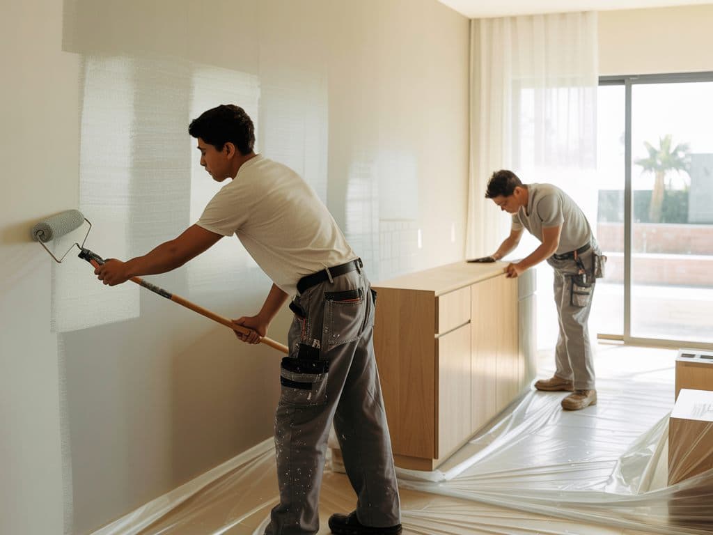 Dos pintores cubriendo un mueble antes de pintar el muro de un departamento